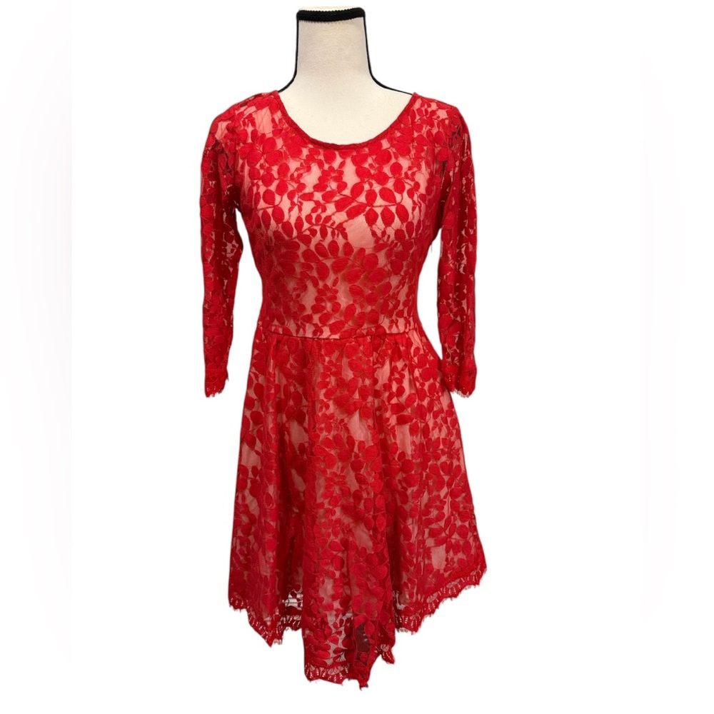 Free People | Vibrant Cherry Red Lace Long Sleeve Dress